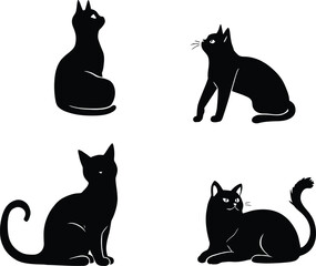 Silhouettes of Quiet Curiosity: A Minimalist Quartet Capturing Cats in Thoughtful Poses, Tail Expressions, and Peaceful Observation