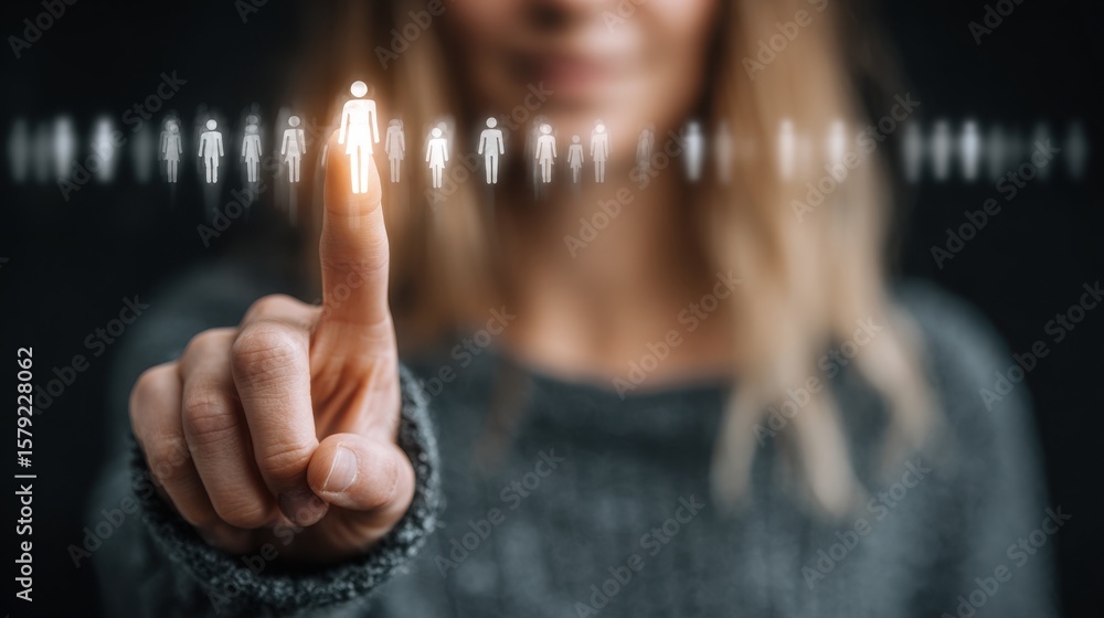 Poster woman pointing at a line of diverse people in a collaborative setting representing teamwork and plan