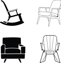 Silhouettes of Sitting Stories: A Minimalist Quartet Featuring Rocking, Armchair, Lounge, and Wireframe Chairs Celebrating Domestic Comfort and Design Diversity