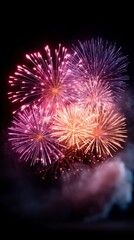 Vibrant fireworks bloom in shades of pink and orange against a dark night sky