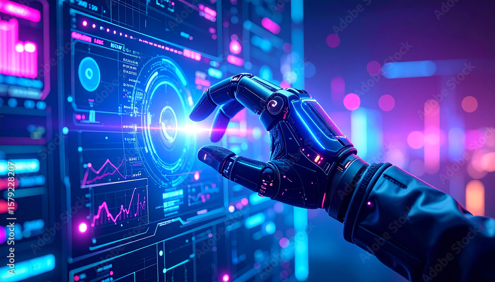Poster futuristic interface interaction: a glowing robotic hand interacts with a futuristic digital interfa