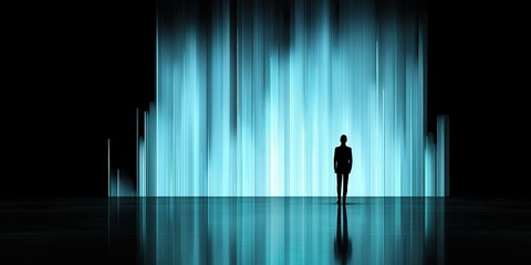 Business, Silhouettes digital concept. A silhouette against glowing vertical lines creates a striking visual contrast in a dark space.