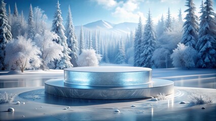 ice podium against winter outside scene, display stage of product, cold background for product presentation. mockup platform. cool stand pedestal round podium
