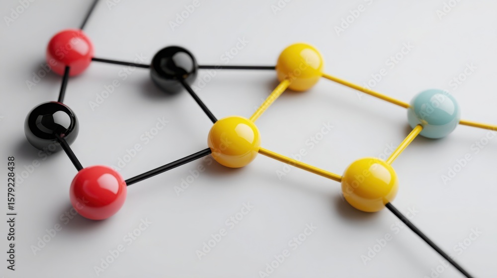 Poster molecular structure with colored balls representing scientific collaboration in a coordinated value 