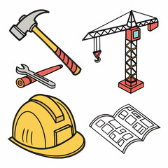 Collection of construction tools and safety equipment with blueprints for building projects