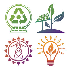 Collection of four eco friendly energy icons including recycling solar power and electricity