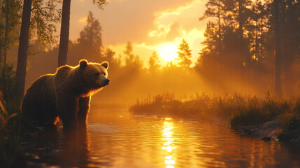 Wild Bear Catching Fish in a Flowing River Scene
