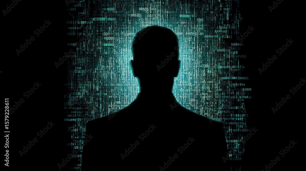Poster business, silhouettes digital concept. silhouette of a person against a backdrop of digital binary c