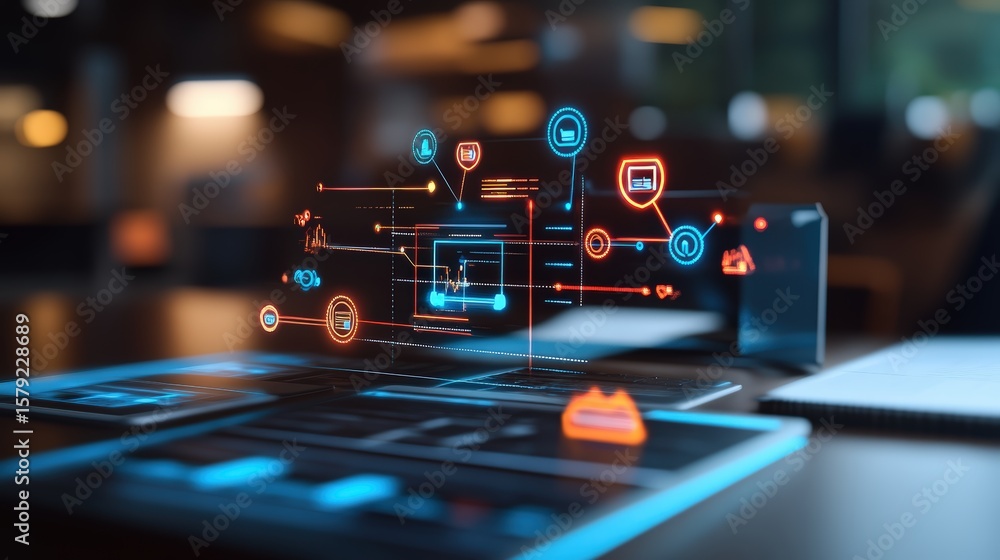 Poster futuristic digital interface with hove icons and data visualization for technology and innovation