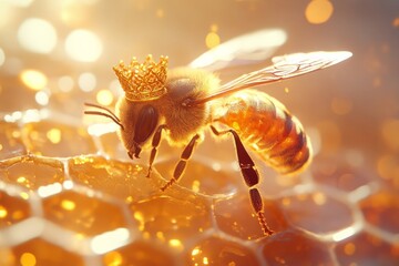 Majestic queen bee with golden crown in sunlit honeycomb