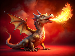Fototapeta premium Firebreathing baby dragon on red background