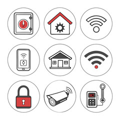 Collection of icons representing smart home technology and security features