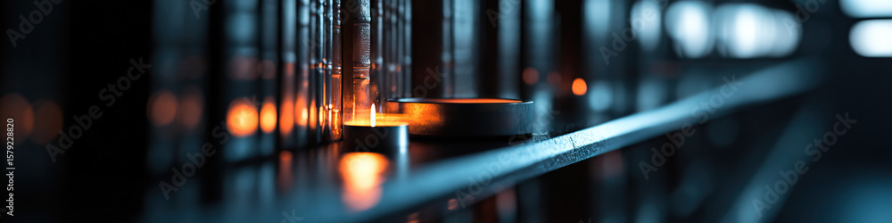 Poster lit candles and container on shelf with book background