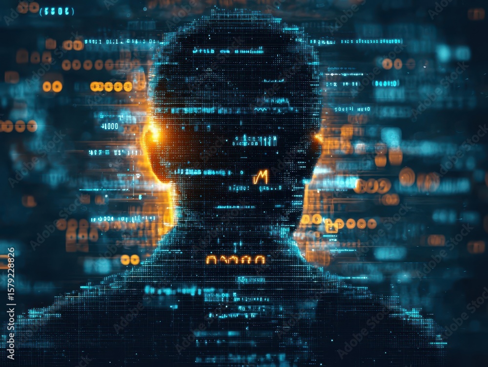 Poster business, silhouettes digital concept. silhouette of a person with digital code and data graphics in