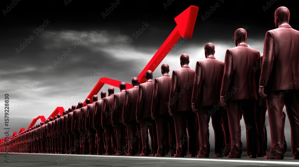 Poster a group of people standing in front of a dynamic red arrow representing engagement dynamics chart in