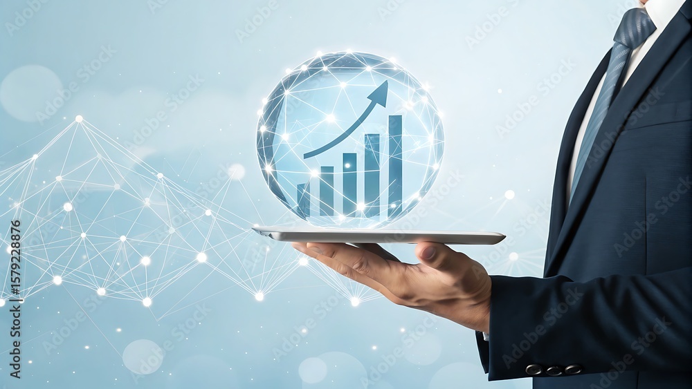 Poster digital growth presentation: man with tablet shows increasing bar chart in global network concept.