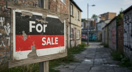 Obraz premium Urban property for sale. A weathered sign in a city alleyway indicates a property is available