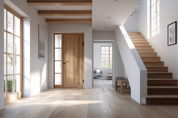 Bright entryway with wooden door stairs and beams in modern home interior design with natural light