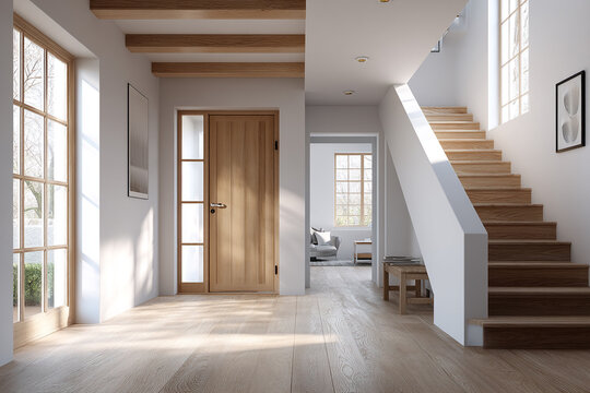 Bright entryway with wooden door stairs and beams in modern home interior design with natural light