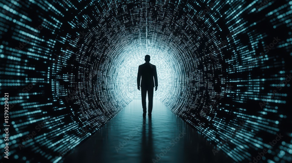 Poster business, silhouettes digital concept. a silhouette walks through a digital tunnel filled with glowi