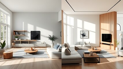 Two contrasting minimalist living spaces side by side, highlighting transformation in natural daylight.