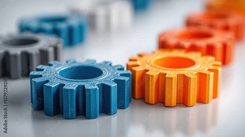 Poster colorful gears interlocking together representing teamwork and execution excellence in a collaborati