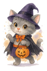 Cat Trick-or-Treat &ndash; Cute Halloween Watercolor Clipart