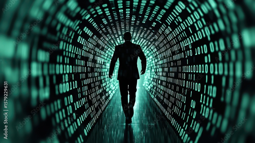 Poster business, silhouettes digital concept. a figure walks through a digital tunnel of binary code, symbo