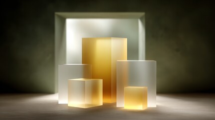 Frosted glass and golden translucent geometric shapes illuminated with dramatic spotlighting