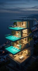 Modern building with pools on each level overlooking the ocean at dusk with city lights in distance