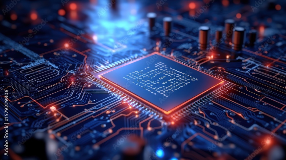 Poster highly detailed close-up of a modern computer circuit board with microchip illuminated by blue and o