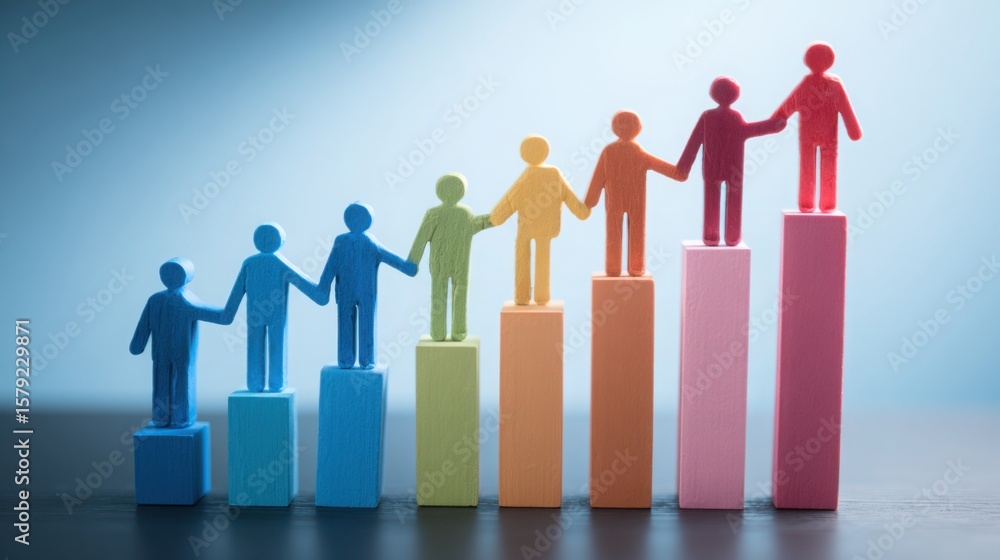 Poster group of people standing on a bar illustrating growth-oriented culture through layered shapes and co