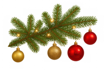 Festive fir branch decorated with sparkling lights, hanging colorful ornaments, evoking warm holiday spirit on transparent backdrop