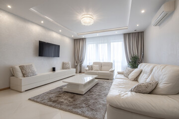 A modern living room with white sofas, a gray rug, a tv, and white walls with natural light coming in
