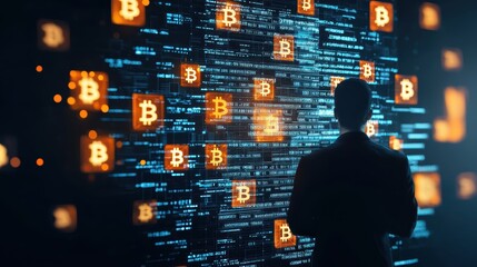 Business, Silhouettes digital concept. A person observes a digital screen filled with cryptocurrency data and bitcoin symbols.