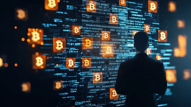 Business, Silhouettes digital concept. A person observes a digital screen filled with cryptocurrency data and bitcoin symbols. - Powered by Adobe