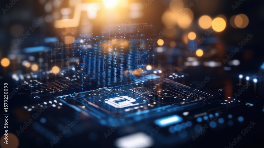 Poster close-up of a futuristic digital circuit board with glowing microchips and high-tech elements on dar