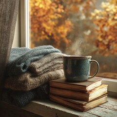 Cozy autumn window scene with steaming mug, books, and soft sweaters