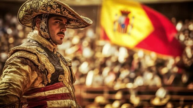 Portrait of a Torero in Ornate Costume with Spanish Flag Backdrop in the Arena