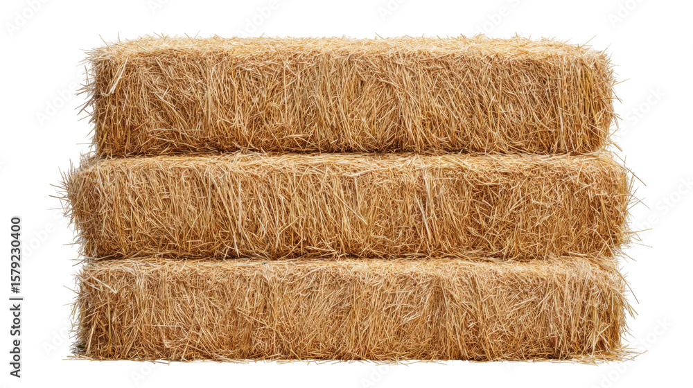 Poster three isolated hay bale stacks on transparent background with natural texture and color