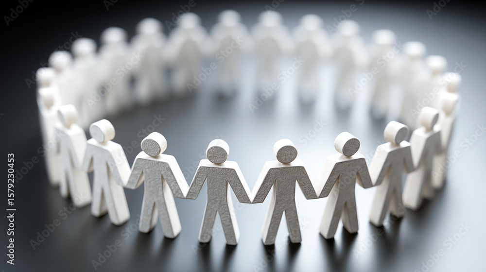 Poster group of paper people symbolizing teamwork and collaboration in a leadership reflection loop concept