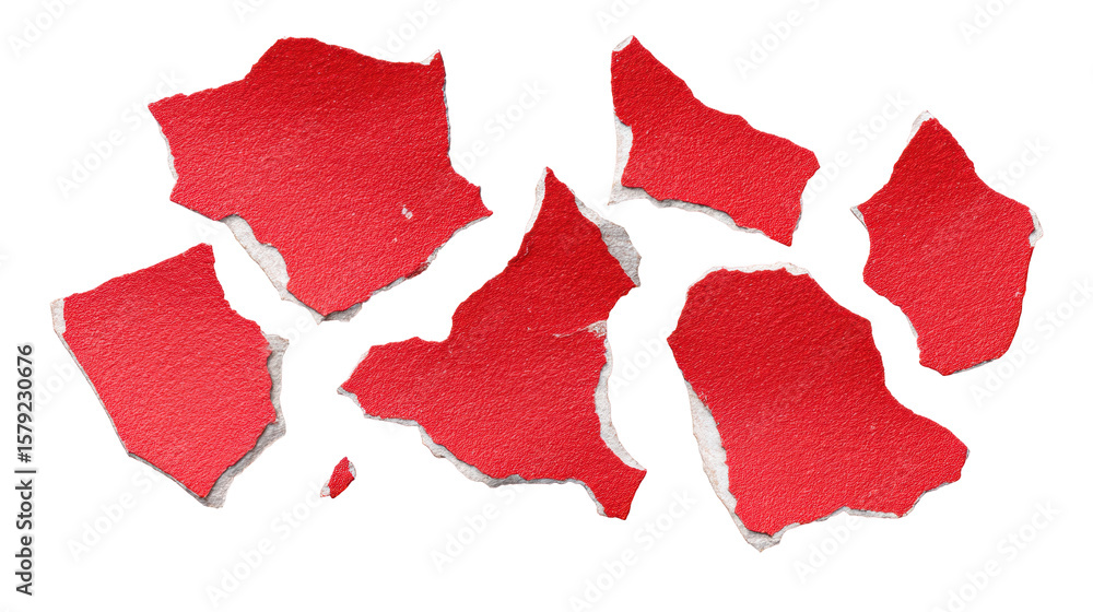 Poster torn red paper pieces isolated on transparent background with rough edges and texture