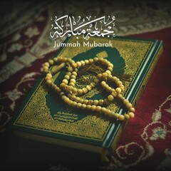 Jummah Mubarak in Arabic calligraphy means: Blessed Friday. With Quran - holy book of Muslims background. 
