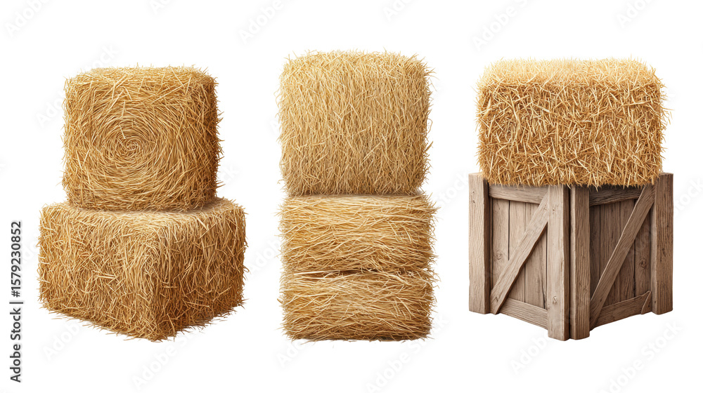 Poster isolated hay bale stack on transparent background with wooden crate and natural texture