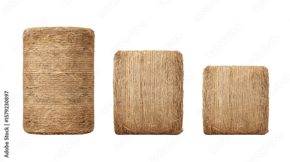 Poster three isolated hay bales on transparent background showing different sizes in natural color