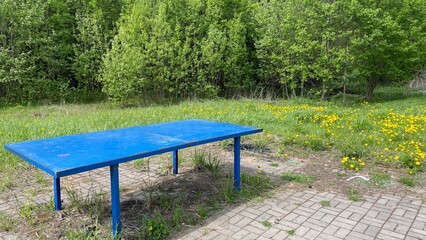 A blue ping-pong table sits amidst a grassy field with yellow flowers and a background of trees.