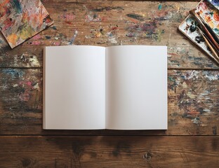 Cozy Creative Workspace with White Sketchbook, Art Tools, and Prints on Wooden Surface in Natural Sunlight