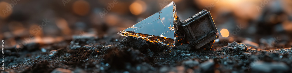 Poster shattered glass fragment and rectangular object on debris