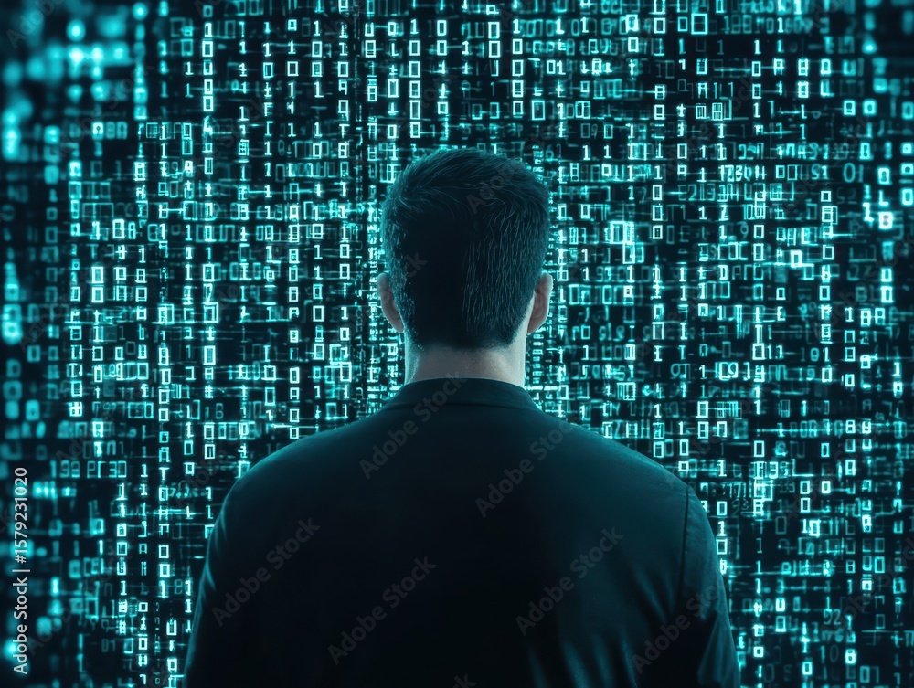 Poster business, silhouettes digital concept. a person observes a digital display of binary code.