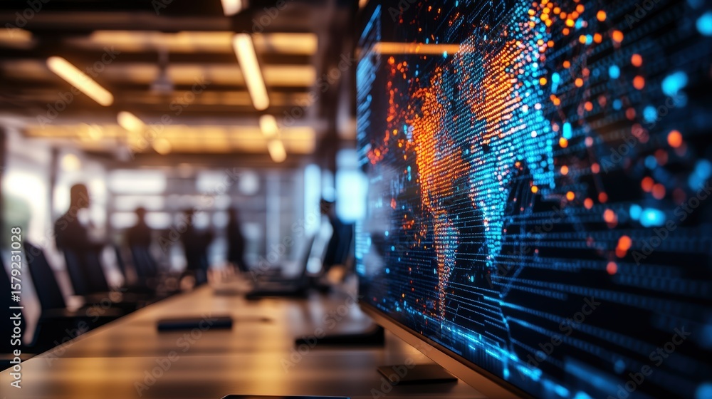 Poster modern digital data display screen showing world map with network connections in a business conferen